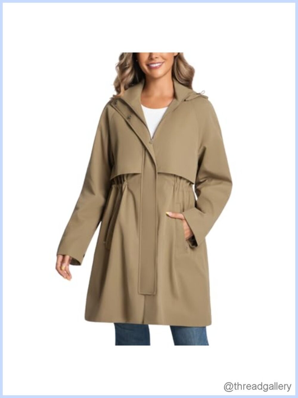 Womens Water Resistant Rain Jacket Trench Coat Detachable Hood Drawstring Waist